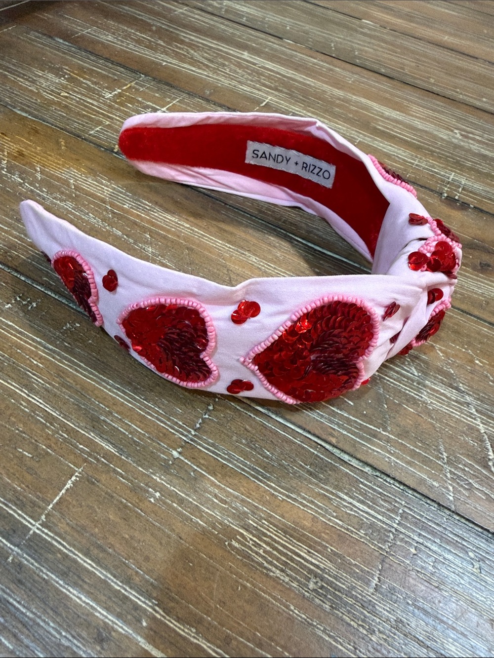AND pink headband with red sequin heart appliqués